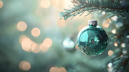 Mint Christmas ornament with a delicate teal glass ball hanging on a tree. The soft bokeh background creates a dreamy and festive atmosphere, perfect for holiday and winter-themed designs