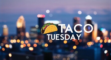 Fototapeta premium taco Tuesday lettering on business concept urban city skyline blurred lights bokeh background