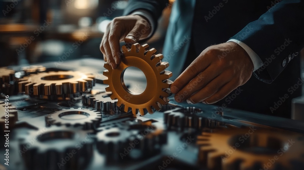 Poster a close-up of a person assembling gears in an industrial setting, highlighting craftsmanship and pre