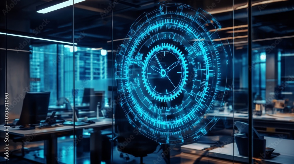 Poster a futuristic office scene featuring a digital clock interface projected on glass, emphasizing techno