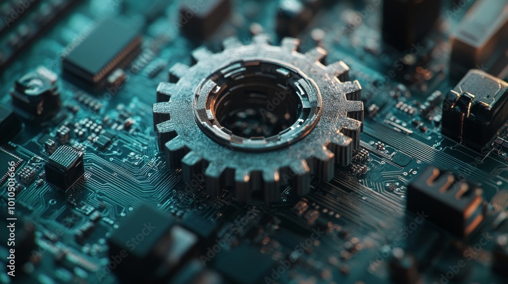 Poster a detailed close-up of a gear embedded in a circuit board, showcasing electronic components and intr