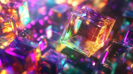 Abstract 3D Render of Translucent Glass Cubes Emitting Vibrant Light