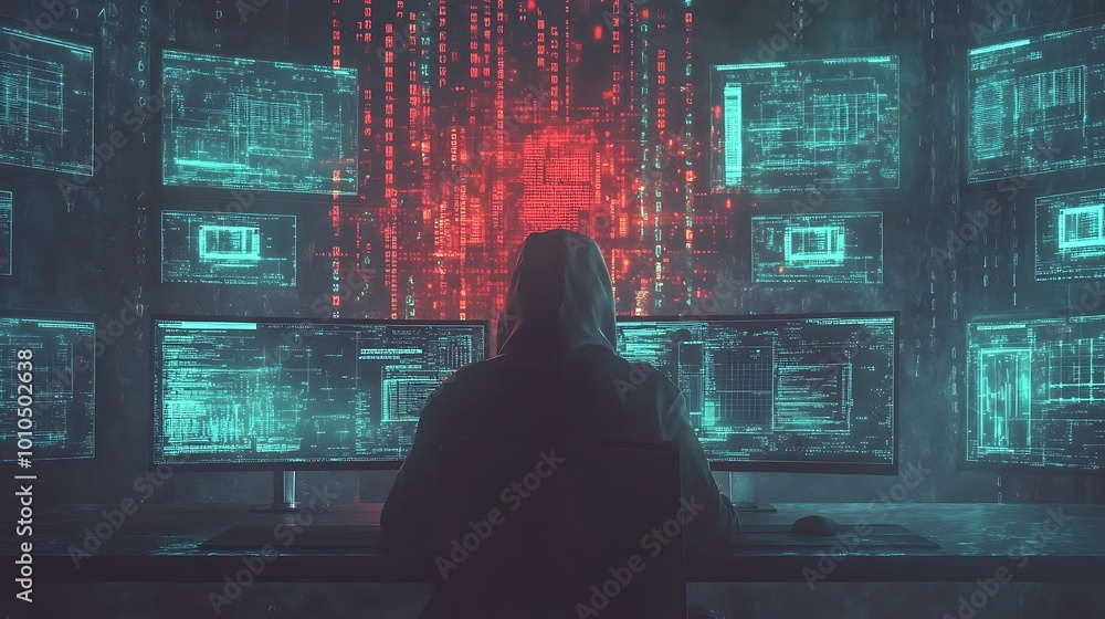 Poster A hooded figure sits in front of multiple computer monitors, surrounded by a digital rain of code, symbolizing hacking and cybersecurity.