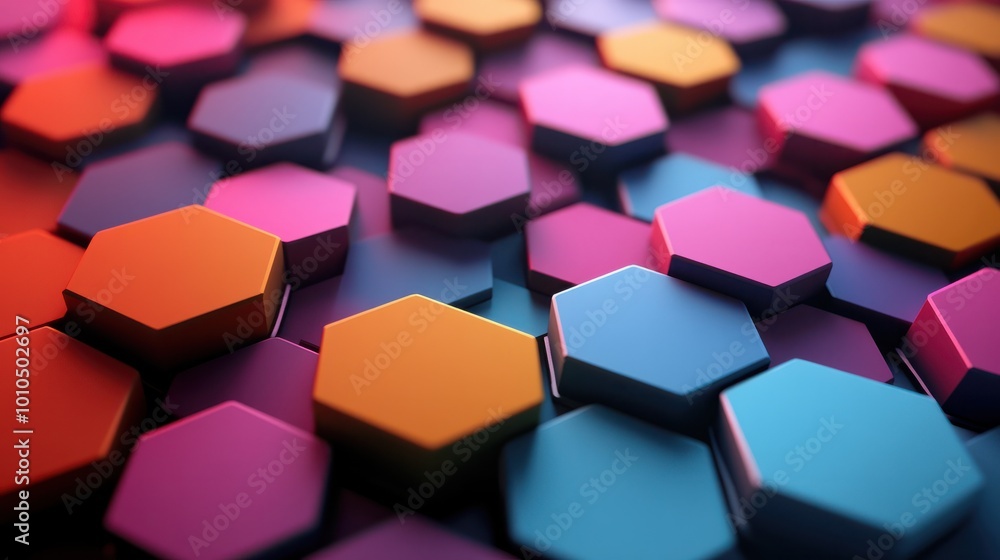 Poster a visual of a modern hexagonal tessellation pattern with bold colors and sharp angles.