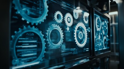 A close-up view of futuristic blue gears and digital schematics on screens, showcasing advanced technology and engineering concepts.