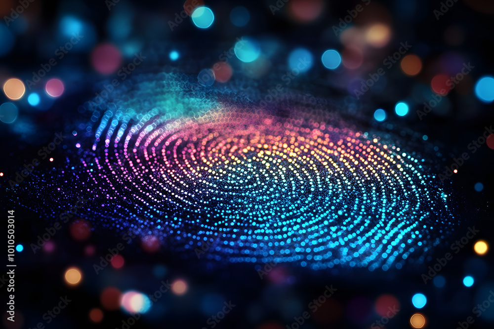 Poster colorful fingerprint design created with glowing dots against a dark background