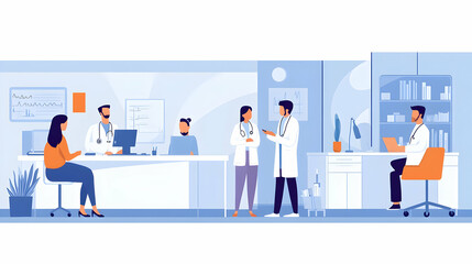 Obraz premium Illustration of a Busy Doctor's Office with Doctors Examining Patients and Reviewing Charts