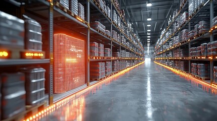 Fototapeta premium Augmented reality interface showing the flow of goods in a futuristic smart distribution center