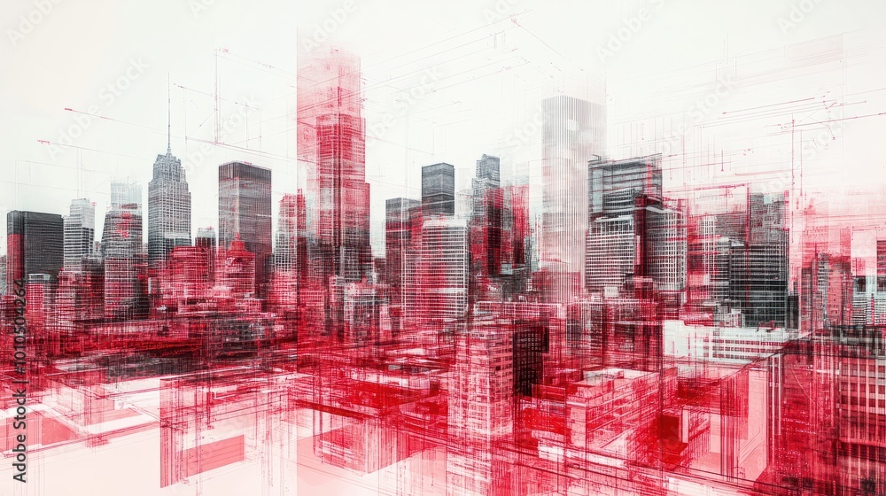 Poster abstract metropolitan skyline with overlapping architectural blueprints and translucent red overlay,