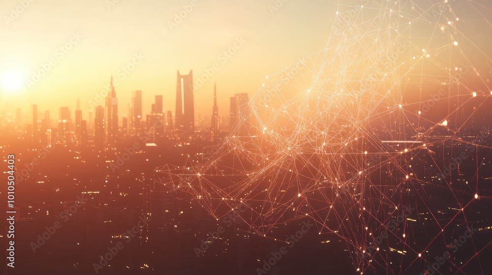 Poster abstract technology connections forming a dynamic network in a futuristic cityscape