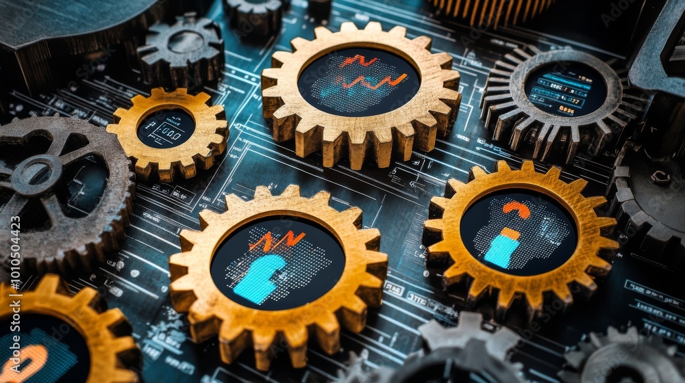Poster the image features intricate gears on a circuit board, symbolizing technology, innovation, and inter