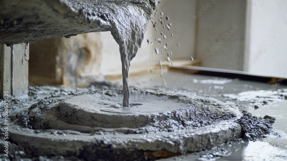 Poster a close-up of concrete being poured, showcasing the texture and fluidity of the mix as it flows into