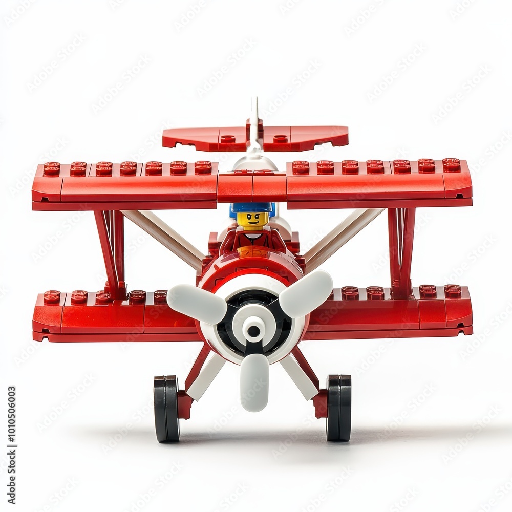 Poster a red biplane model made of building blocks with a pilot figure.