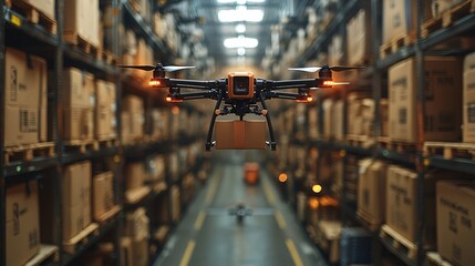 A high-tech logistics hub visualized through AR with drones and smart packaging systems