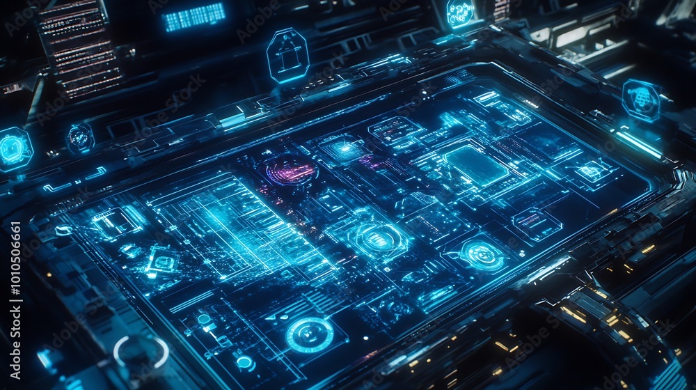 Poster Futuristic glowing circuit board with intricate design and glowing icons, representing advanced technology.