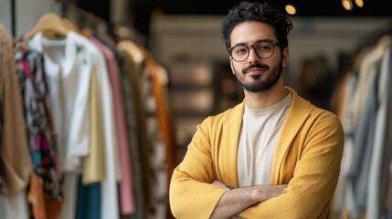 Fototapeta premium Portrait of a Man in a Yellow Cardigan in a Clothing Store