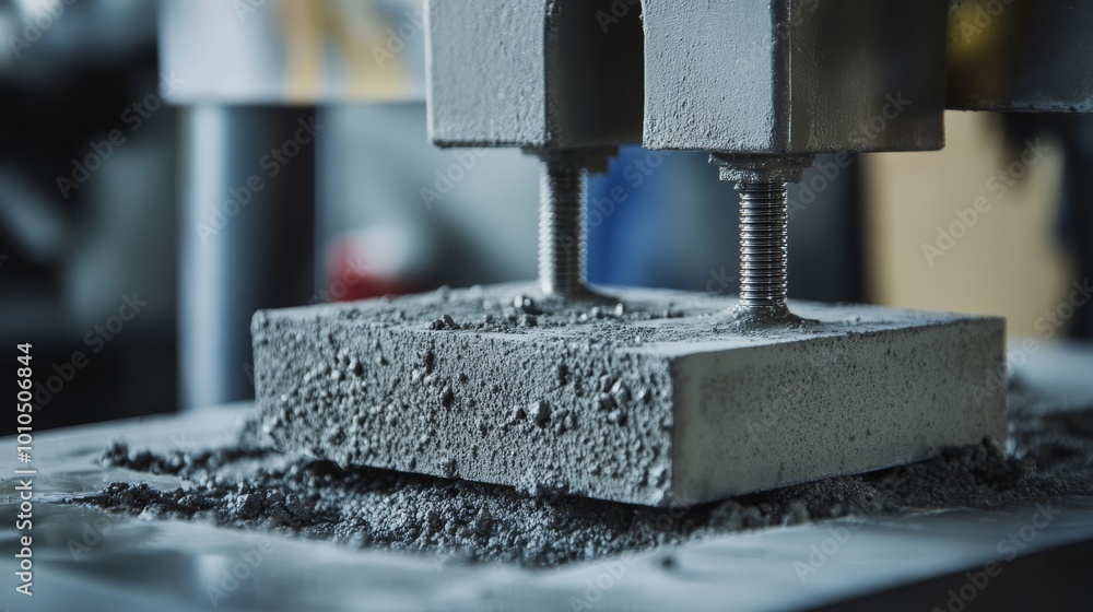 Poster a close-up of a mechanical press compressing a concrete block, showcasing texture and material prope