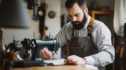 Bearded Man in Apron Using Vintage Sewing Machine