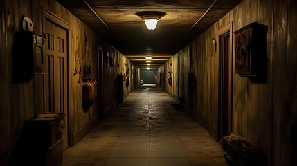 Dark and Mysterious Hallway with Doors and Light