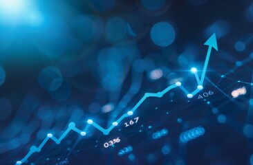 A stock market graph with an arrow pointing upwards, indicating the sales of company "046" have grown in importance and value over time. The dark blue background has white numbers representing differe