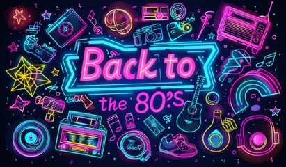 A vibrant and colorful "Back to the 80's" banner with neon colors, featuring iconic elements from that era such as vintage cameras, cassette tapes, boomboxes, headphones, geometric patterns, stars, an