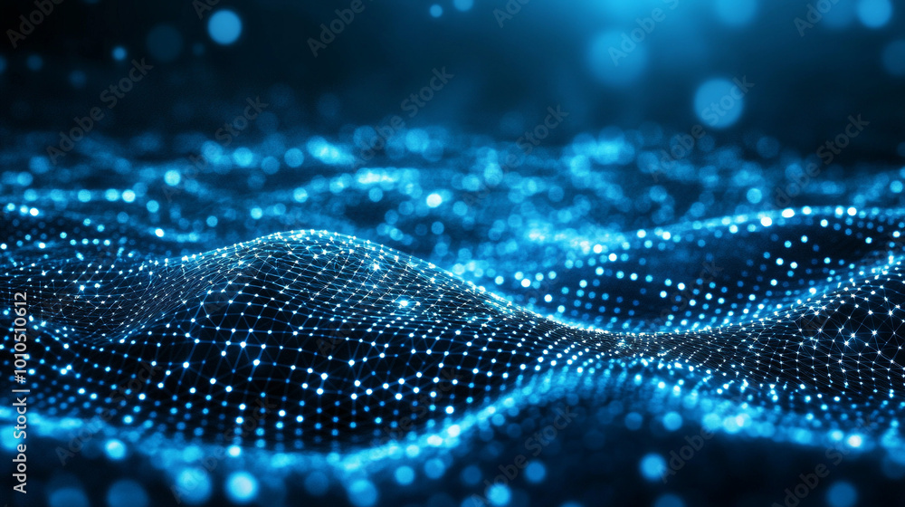 Poster dynamic ocean of dots: abstract blue wave representation. a mesmerizing blue wave pattern made of lu