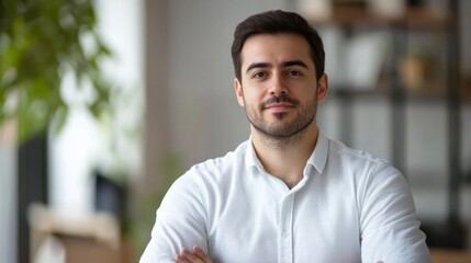 Obraz premium Confident Young Man in White Shirt with Arms Crossed