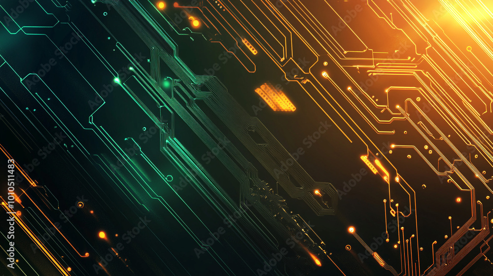 Poster futuristic circuit board with vibrant light trails. abstract digital circuitry with dynamic light tr