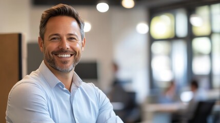 Portrait of a Smiling Man in a Blue Shirt in an Office Setting