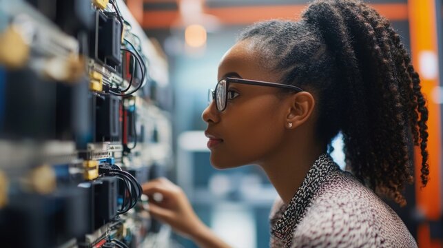 A Female Technician Examining Computer Hardware in a Data Center