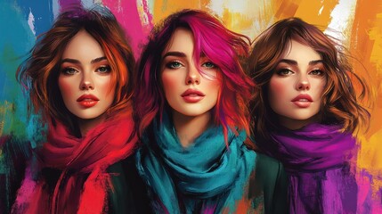 Obraz premium Generative AI illustration of three women with striking hair colors and textured scarves against a colorful background, exuding confidence and style