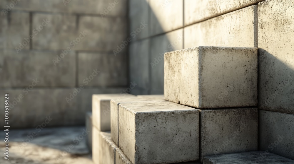 Poster a close-up of concrete blocks arranged in steps against a textured wall, illuminated by soft lightin