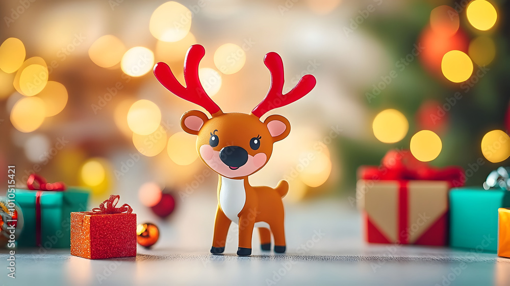 Poster Festive cartoon reindeer figurine with red antlers stands amid Christmas decorations, blurred lights, and gift boxes, creating a cheerful holiday scene.