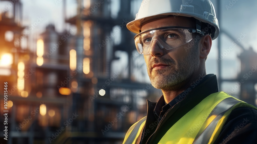 Wall mural A focused industrial worker in safety gear, standing confidently at a plant during sunset, exemplifying dedication and professionalism.