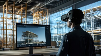 Fototapeta premium Construction worker wearing VR headset reviewing building plans on computer