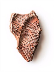 Obraz premium A beautifully detailed shard of pottery featuring elaborate designs and textures, ideal for artistic and archaeological exploration.