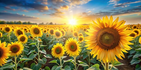 Obraz premium Field of blooming sunflowers in sunshine isolated
