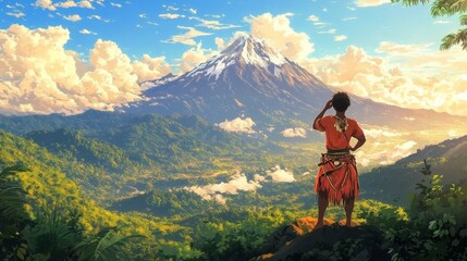 Fototapeta premium Man standing in the hill, viewing a mountain from far away, cartoon style illustration