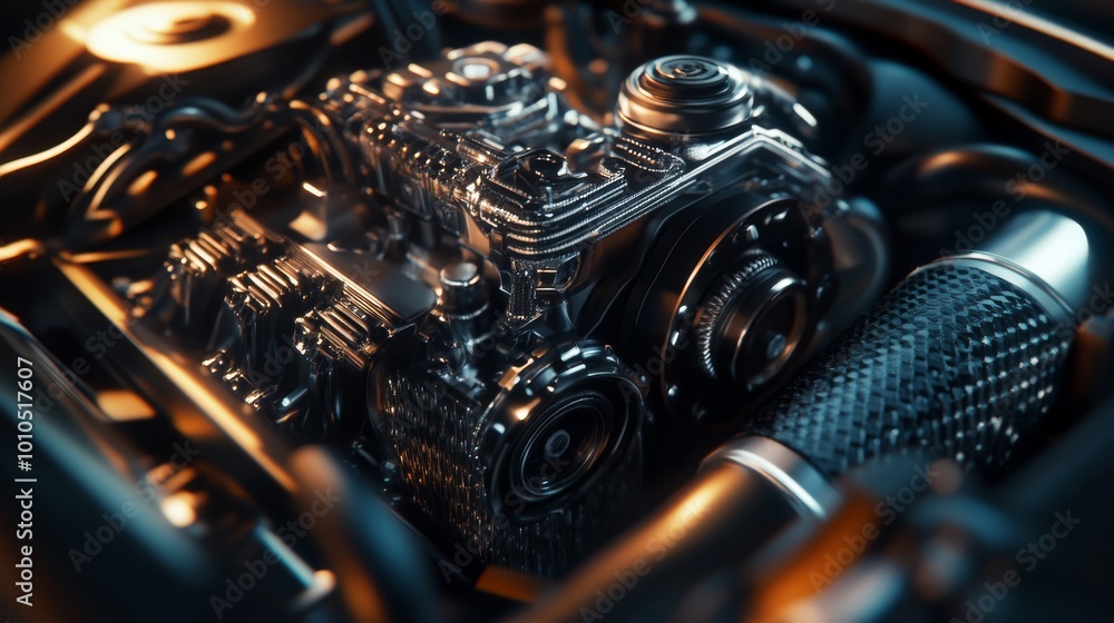 Poster a close-up of a detailed engine component, showcasing mechanical precision and craftsmanship with in