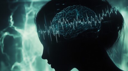 A silhouette of a person with a brain graphic, surrounded by an abstract, dynamic background that suggests neural activity and thought processes.