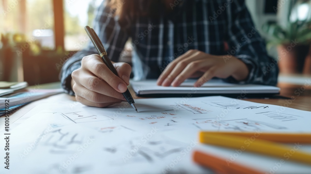 Poster a person is sketching on paper while writing notes in a notebook. the setting appears cozy and brigh