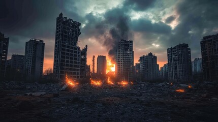 Fototapeta premium Post-apocalyptic cityscape with ruins and fires under a gloomy sky.