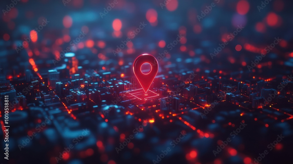Poster red map pin in cityscape and network connection, indicating the city destination on the map and conn