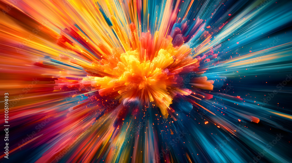 Poster dynamic of an exploding object in vibrant colors and motion blur , explosion, dynamic,energy, vibran