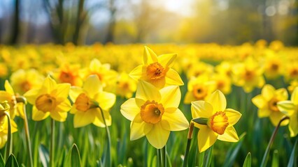 Obraz premium Field of yellow narcissus blooming during spring against green grass point of view