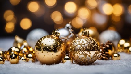 Christmas greeting card with Christmas gold decorations