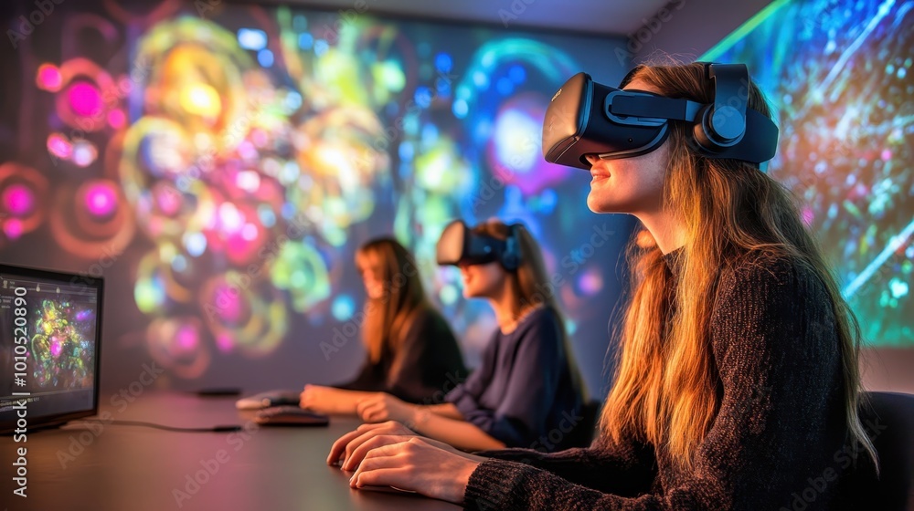 Poster students collaborating in a virtual reality classroom from different parts of the world.