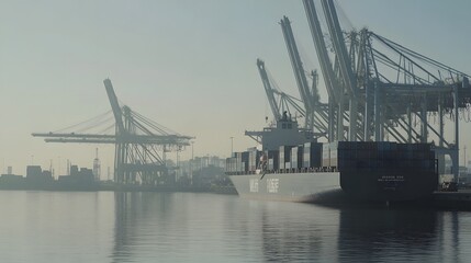Obraz premium Large cargo ship docked at a port with cranes and containers, symbolizing a port strike, highlighting the scale of the port and the absence of activity