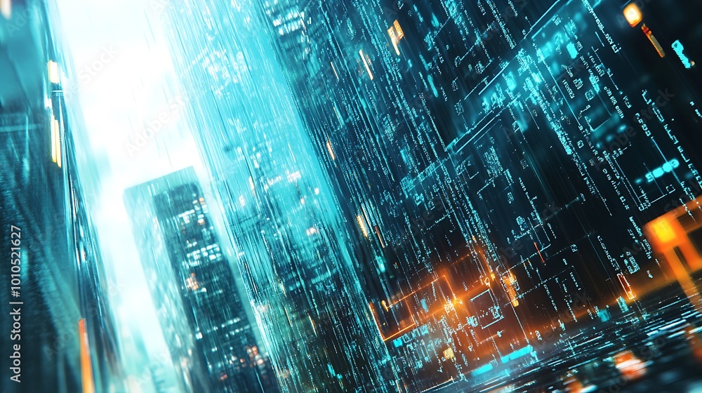 Aufkleber abstract digital cityscape with glowing lines and data streams, futuristic city skyline, digital tec