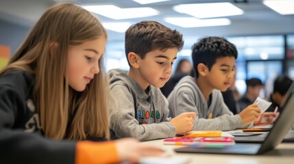 Students engaged in a gamified learning platform, earning points and badges for progress.